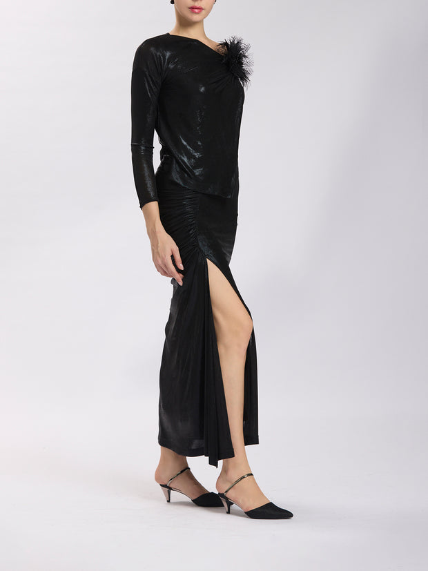 Asymmetric Ruched Long Skirt with Slit