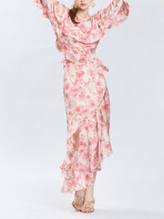 Floral Print Flounce Asymmetric Skirt
