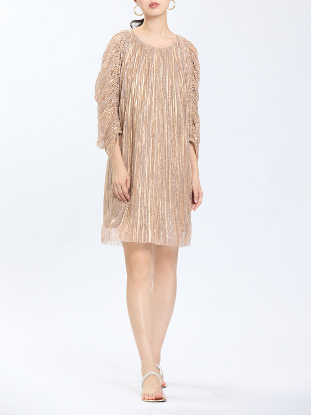 Ruched Sleeves Tunic Dress In Foiled Pleated Mesh