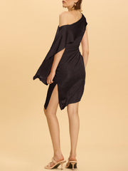 Asymmetric Shoulder Ruched Dress In Metallic Jersey