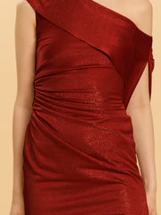 Asymmetric Shoulder Ruched Dress In Metallic Jersey