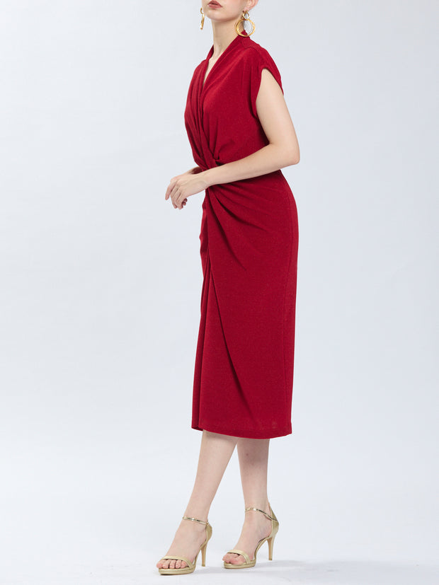 Cap Sleeves V Neck Twisted Ruched Mid Length Dress