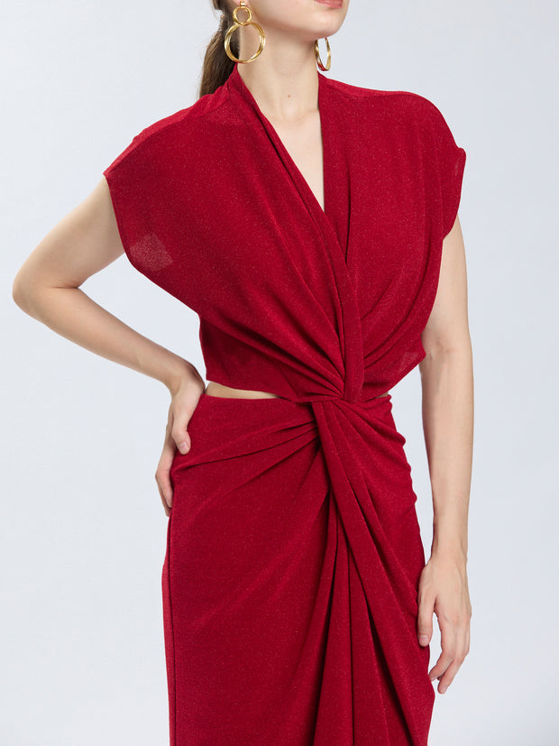 Cap Sleeves V Neck Twisted Ruched Mid Length Dress
