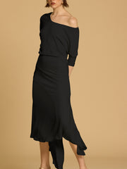 Asymmetric Shoulder Paneled Midi Dress In Soft Ribbed Knit