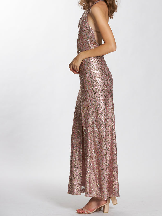 Asymmetric Shoulder Bicolor Sequin Dress With Gold Strap Details
