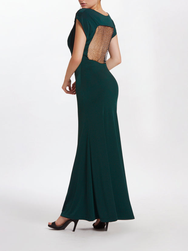 Twisted Sleeves Cowl Neck Long Dress With Diamante Mesh
