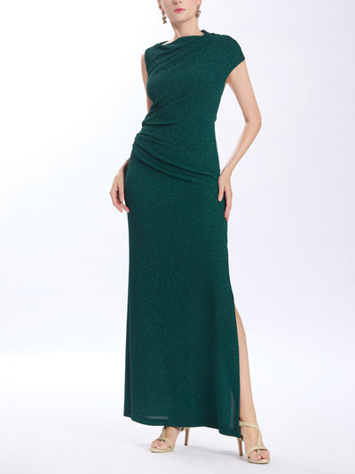 Cap Sleeves Ruched Long Dress in Glittered Jersey