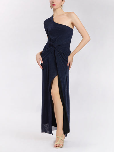 One Shoulder Twisted Wrap Dress In Glittered Mesh