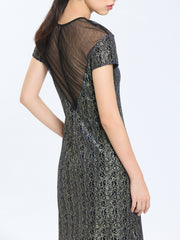 Embroidered Bonded Velvet Sheer Shoulder Cap Sleeves Long Dress
