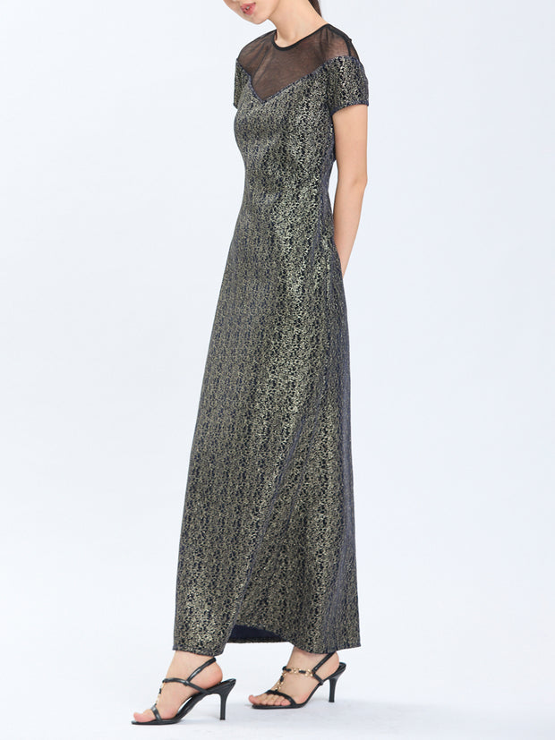 Embroidered Bonded Velvet Sheer Shoulder Cap Sleeves Long Dress