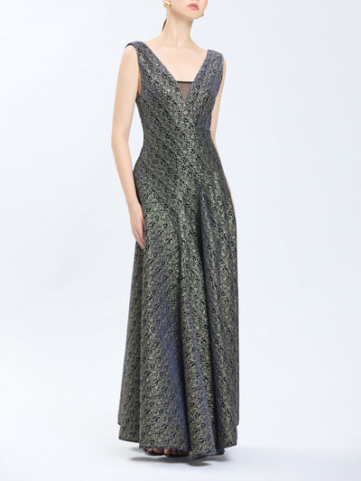 Embroidered Velvet Plunge Neck Diagonal Pleated Long Dress