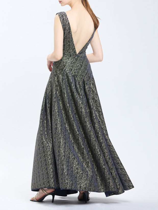 Embroidered Velvet Plunge Neck Diagonal Pleated Long Dress