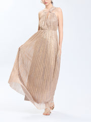 Camisole Ruched Long Dress In Foiled Pleated Mesh