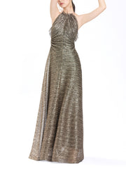 Ruffled Halter Neck, Ruched Long Dress In Metallic Pleated Mesh