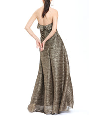 Ruffled Halter Neck, Ruched Long Dress In Metallic Pleated Mesh
