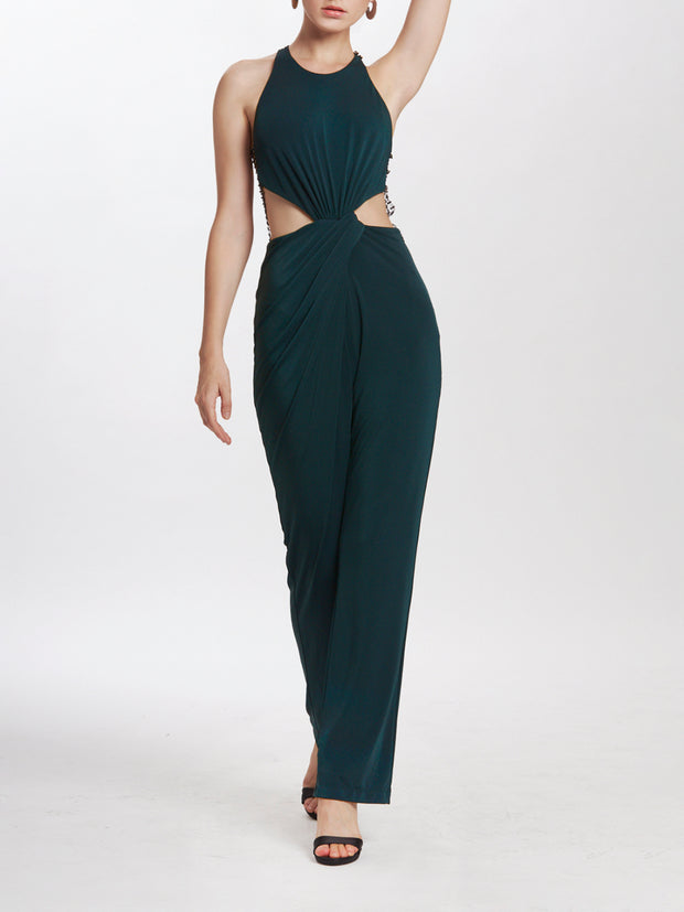 Halter Neck Cut-Out Ruched Jumpsuit With Diamante Mesh