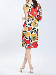 Graphic Floral Print, Asymmetric Sleeve Short Shift Dress
