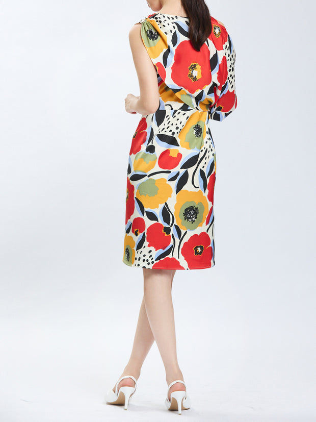 Graphic Floral Print, Asymmetric Sleeve Short Shift Dress