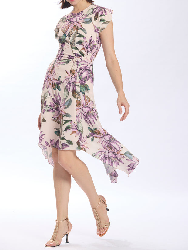 Floral Print Cap Sleeves Symmetric Mid Length Dress