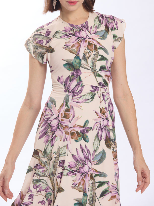 Floral Print Cap Sleeves Symmetric Mid Length Dress