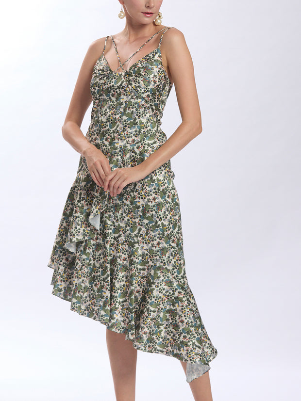 Floral Print Camisole Asymmetric Flounce Dress