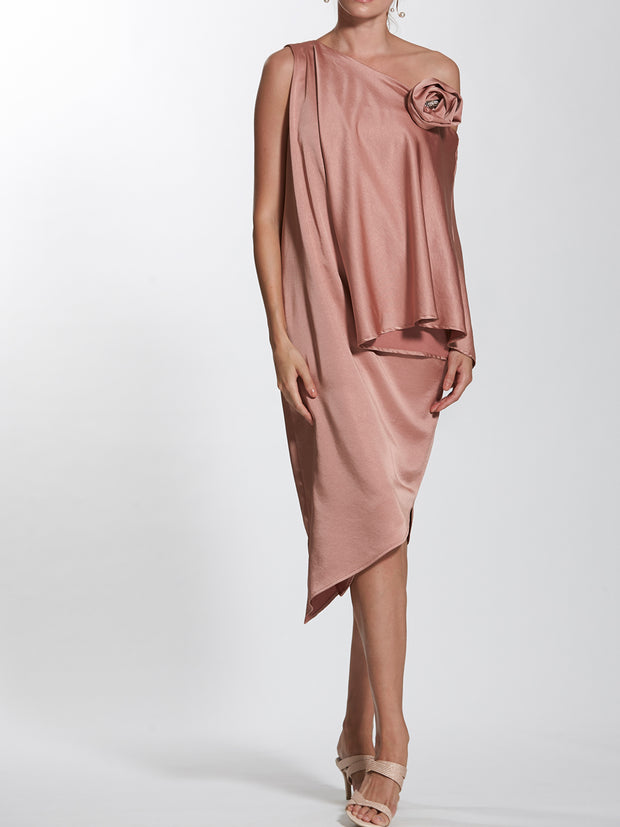 Asymmetric Layered Cape Dress With Brooch