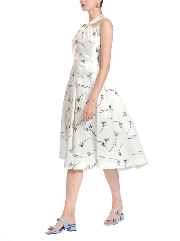 Floral Printed Halter Neck Pleated Dress