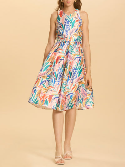 Graphic Floral Print Cut In Shoulder Pleated Dress