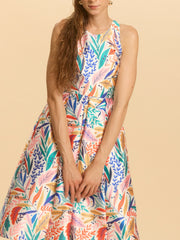 Graphic Floral Print Cut In Shoulder Pleated Dress