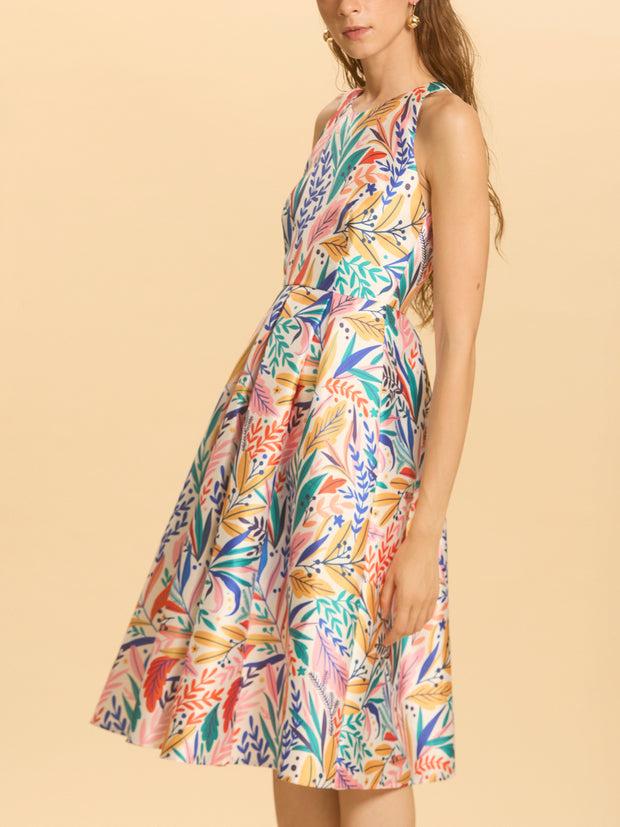 Graphic Floral Print Cut In Shoulder Pleated Dress