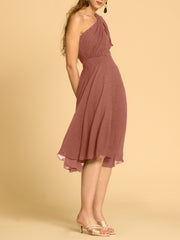 Braided One Shoulder Flare Dress in Crinkled Chiffon