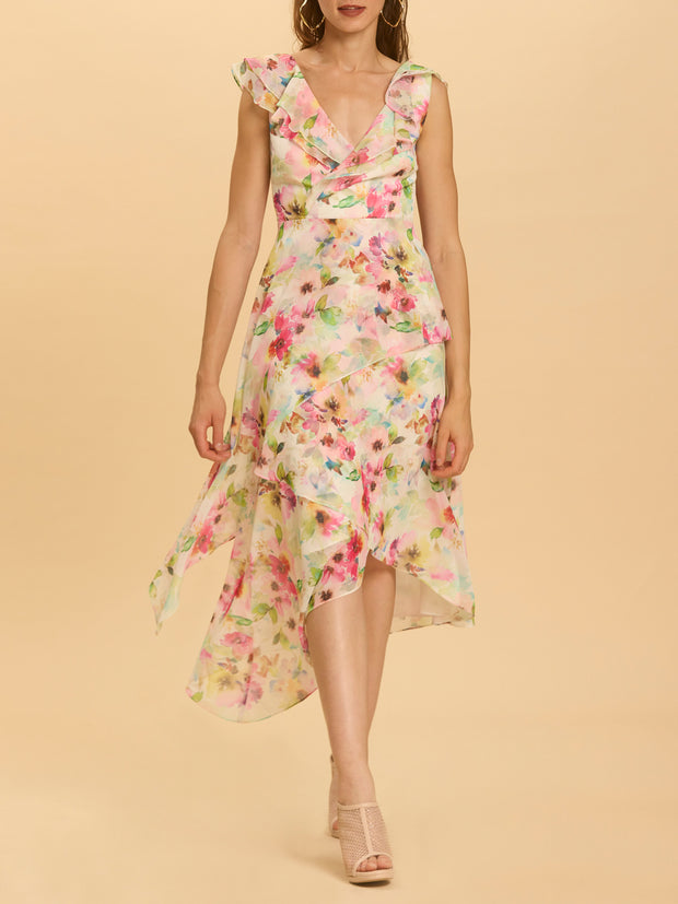 Floral Print Asymmetric Flounce Dress