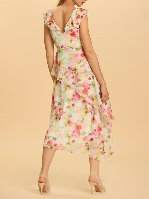 Floral Print Asymmetric Flounce Dress