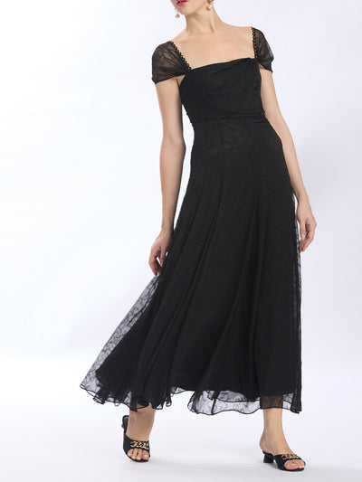 Square Neck Pleated Bodice Long Flare Dress
