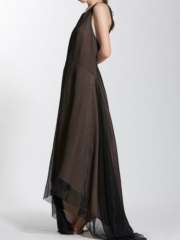 Cut-In Shoulder Long Dress In Pleated Netting