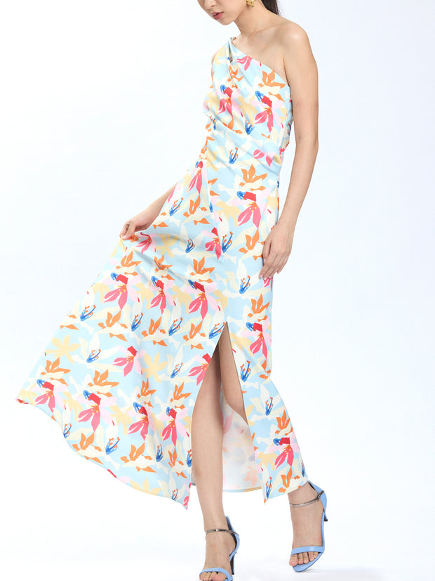 Graphic Floral Print Twisted One Shoulder Long Dress With Slit