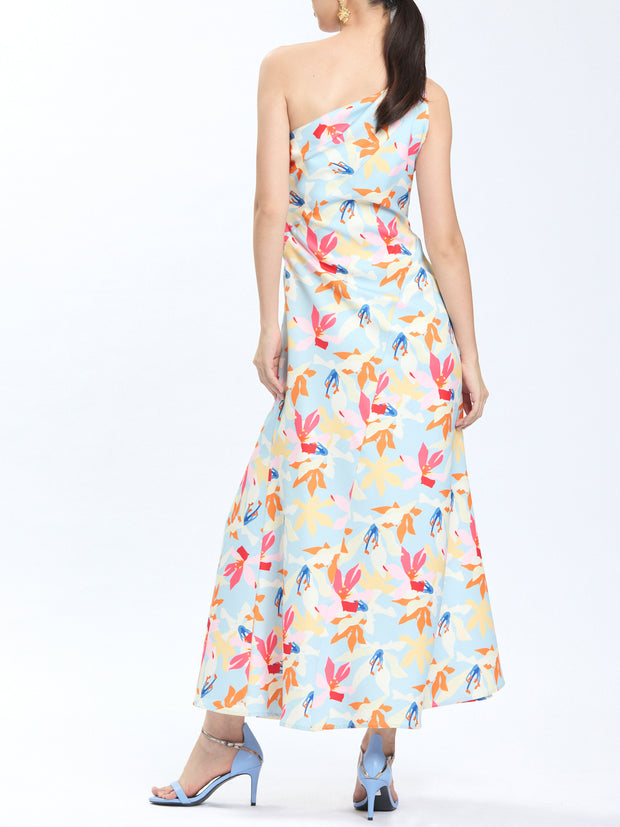 Graphic Floral Print Twisted One Shoulder Long Dress With Slit