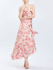 Floral Print Camisole Lace-Up Flounce Long Dress