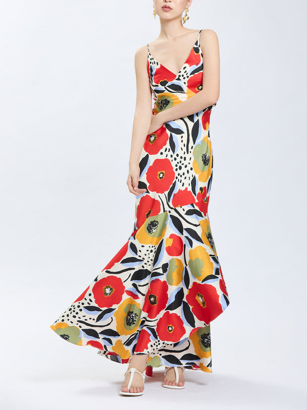 Graphic Floral Print Camisole Plunge Neck Long Flounce Dress