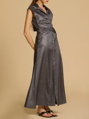 Cap Sleeves Twisted Waist, Long Shirt Dress In Metallic Twill