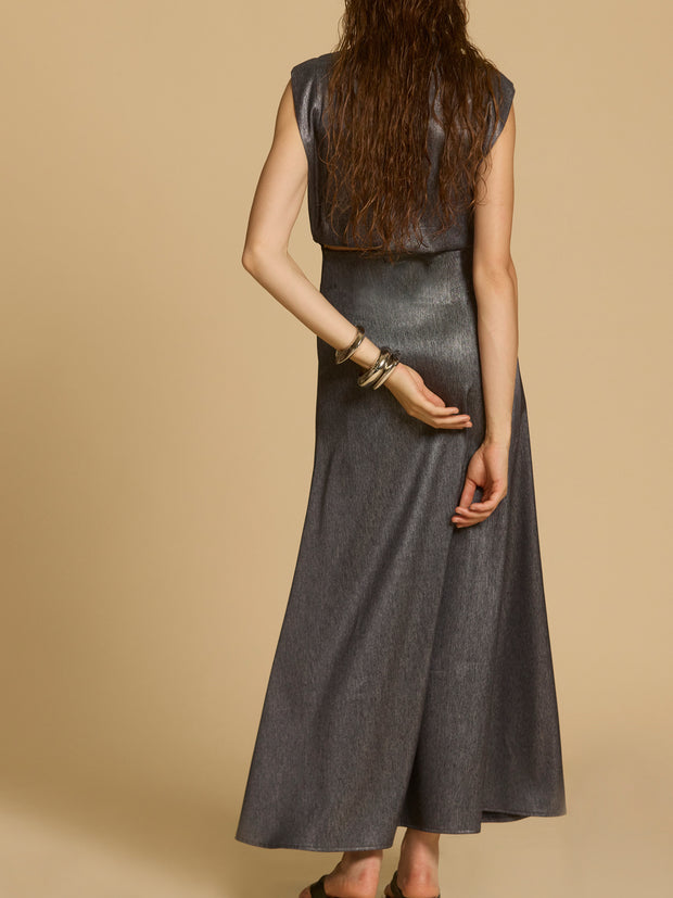 Cap Sleeves Twisted Waist, Long Shirt Dress In Metallic Twill