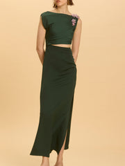 Acrylic Flowers Applique Cut-Out Waist Long Dress With Slit