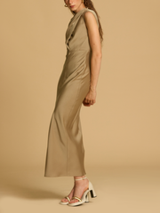 Pleated Cross Neck Long Dress With Slit