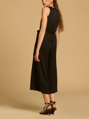 Cut-In Shoulder Pleated Jumpsuit With Tie Sash