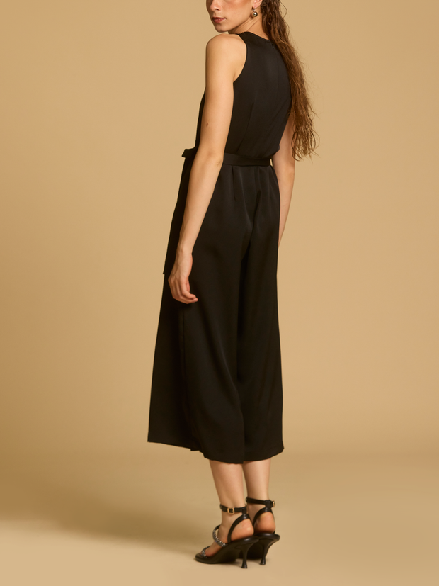 Cut-In Shoulder Pleated Jumpsuit With Tie Sash