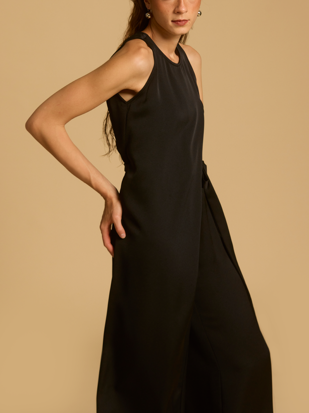 Cut-In Shoulder Pleated Jumpsuit With Tie Sash