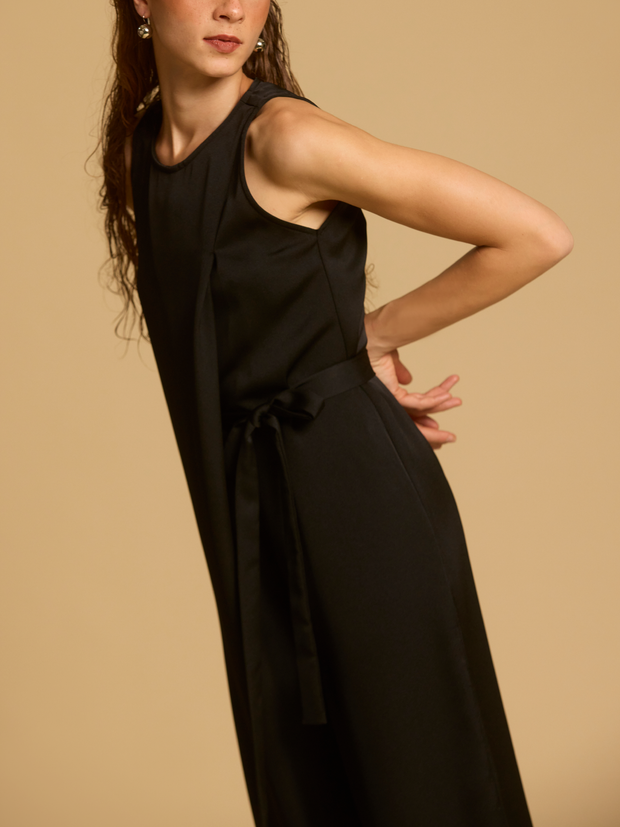 Cut-In Shoulder Pleated Jumpsuit With Tie Sash