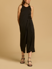 Cut-In Shoulder Pleated Jumpsuit With Tie Sash