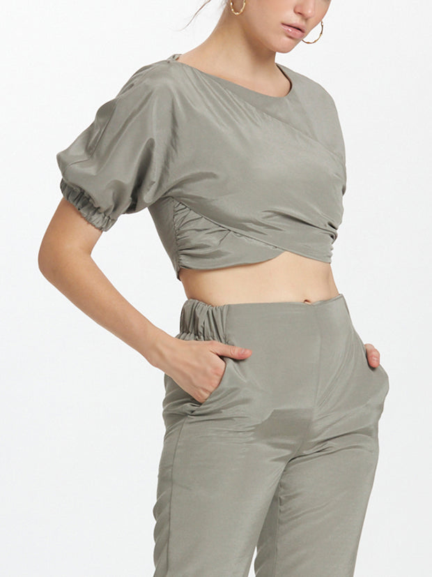 Elasticated Sleeves Cross Front Cropped Top