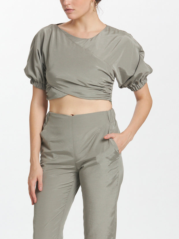 Elasticated Sleeves Cross Front Cropped Top